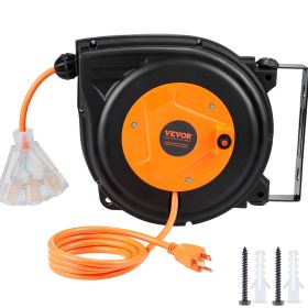 VEVOR Retractable Extension Cord Reel, 30 FT, Heavy Duty 16AWG/3C SJTOW Power Cord, with Lighted Triple Tap Outlet 10 Amp Circuit Breaker