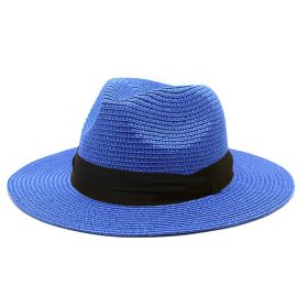 Women Men Wide Brim Straw Panama Roll up Hat Fedora Beach Sun Hat UPF50+ (Color: blue2)