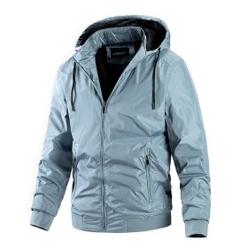 Men's Thin Quilted Jacket Detachable Hood Drawstring Casual Sport Coat Stand Collar Business Trend Fashion Spring Autumn Winter (Color: Light Blue)