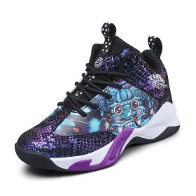 High Top boys Basketball Shoes Breathable Non-Slip Wearable Sneakers boys Gym Training Athletic Basket Shoes kids Unisex Shoes (Color: black purple)