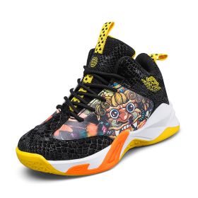 High Top boys Basketball Shoes Breathable Non-Slip Wearable Sneakers boys Gym Training Athletic Basket Shoes kids Unisex Shoes (Color: Black yellow)