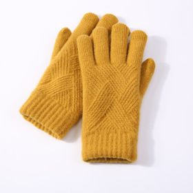 Female Winter Warm Knitted Full Finger Gloves Men Solid Woolen Touch Screen Mittens Women Thick Warm Cycling Driving Gloves (Color: Yellow)