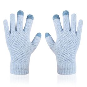 Female Winter Warm Knitted Full Finger Gloves Men Solid Woolen Touch Screen Mittens Women Thick Warm Cycling Driving Gloves (Color: Light Blue)