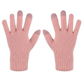 Female Winter Warm Knitted Full Finger Gloves Men Solid Woolen Touch Screen Mittens Women Thick Warm Cycling Driving Gloves (Color: Light Pink)