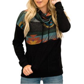 New Autumn and Winter Women's Sun Totem Print Ethnic High-neck Hooded Sweater (Color: BLACK)