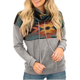 New Autumn and Winter Women's Sun Totem Print Ethnic High-neck Hooded Sweater (Color: Gray)