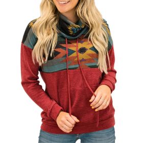 New Autumn and Winter Women's Sun Totem Print Ethnic High-neck Hooded Sweater (Color: Red)