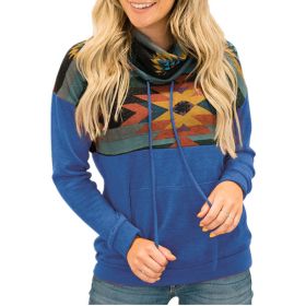 New Autumn and Winter Women's Sun Totem Print Ethnic High-neck Hooded Sweater (Color: Blue)